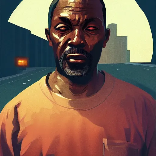 Image similar to old black man face, flat background, greg rutkowski gta san andreas art