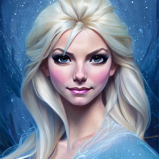 Prompt: Blonde Victoria Justice as Elsa from Frozen, western, D&D, fantasy, intricate, elegant, highly detailed, digital painting, artstation, concept art, matte, sharp focus, illustration, art by Artgerm and Greg Rutkowski and Alphonse Mucha