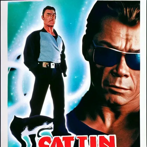 Prompt: poster for an 8 0 s action film where the main character is a cat and jean claude van damme
