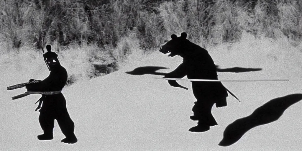 Image similar to scene from Shogun’s Shadow, 1989, movie still, cinematic, anthropomorphic, half man half asian black bear, black bear samurai, Moon Bear Samurai, epic, samurai