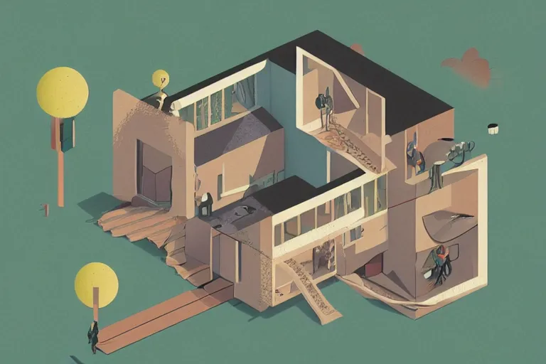 Prompt: a beautiful flat 2 dimensional illustration of a cross section of a house, a storybook illustration by muti and tim biskup, minimalism, featured on dribble, unique architecture, behance hd, storybook illustration, dynamic composition