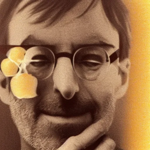 Prompt: a photograph of an apple with steve job's face. fruit. human face.
