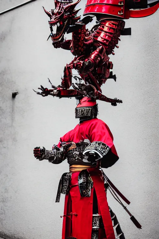 Image similar to photography of a mechanical dragon samurai in red japanese armor taken with Leica M11