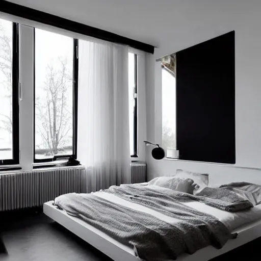 Image similar to Bedroom with Minimalistic Art on the walls, white furtniture, big windows with sunlight coming in