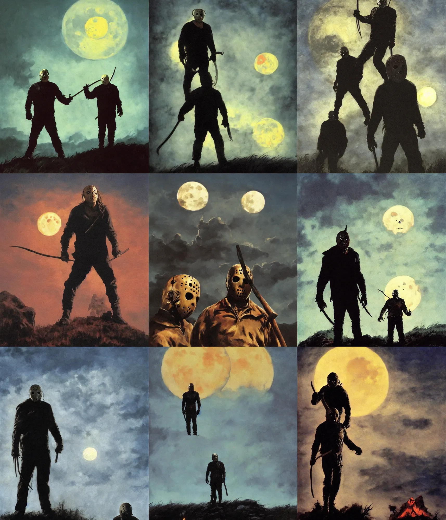 Prompt: close portrait, jason voorhees standing on a hill, powerful pose, scary, horror, giant moon, dramatic sky, shadows on side, cinematic, side light, backlighting, oil painting by frazetta