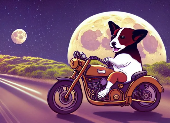 Image similar to a cell shaded cartoon corgi riding a motorcycle, with a big head, on a desert road, wide shot, in front of a big moon, muted colors, post grunge, josan gonzales, wlop, by james jean, victor ngai, hq, deviantart, art by artgerm