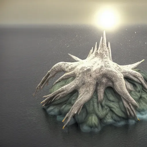 Image similar to dendritic hyperdimensional monster emerging from sea surface, but monster is dendritic