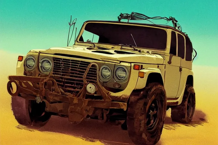 Image similar to digital illustration of mad max's fj 4 0 decrepit pursuit special, rusty nissan fj cruiser 1 9 8 0 s, the last v 8 interceptor by makoto shinkai, ilya kuvshinov, lois van baarle, rossdraws, basquiat