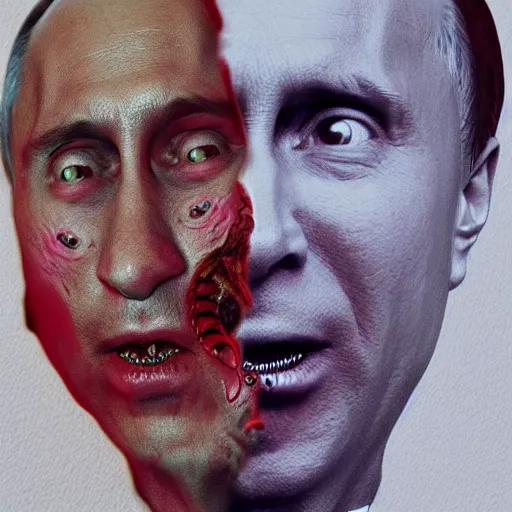 Image similar to bodyhorror portrait of vladimir putin who became a degraded retarded lovecraftian worm, photo - realistic, color image, 2 k, highly detailed