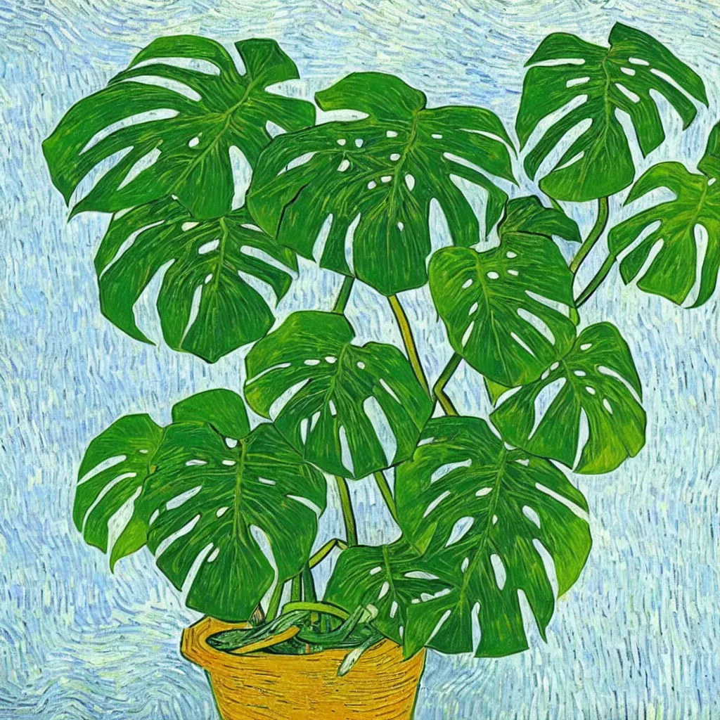 Image similar to A beautiful variegated monstera plant on a table in the style of Van Gogh