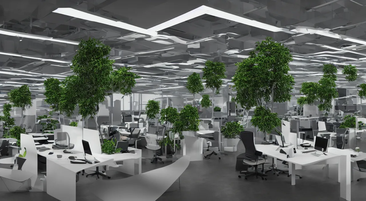 Image similar to futuristic open office with parks and plants, glowing computer screens, made with glossy white plastic and large windows and voluminous light and light rays, extremely intricate, very detailed, artstation, octane render, warm color highlights, cinematic lighting