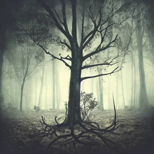 Image similar to A realistic looking album cover of a black metal band depicting a very large dead oak tree that is on fire, standing far in front of a dark forest, the weather is clear but there is some fog