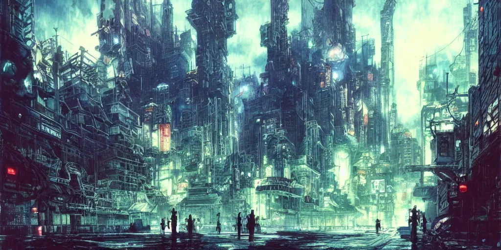 Image similar to concept art of city of midgar from final fantasy 7, rapture, dark atmosphere, hanafuda oil on canvas by ivan shishkin, james jean and yoji shinkawa