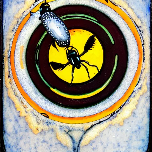 Image similar to a dark bloody ritual spell with a dead bumblebee at the middle of a bullseye of salt, art nouveau