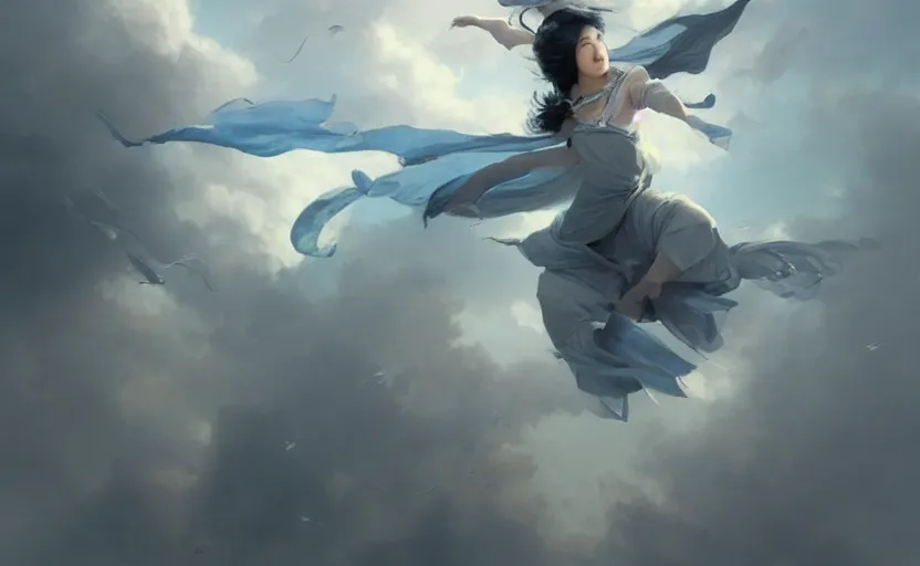 Prompt: beautiful asian woman flying, soft grey and blue natural light, intricate, digital painting, artstation, concept art, smooth, sharp focus, illustration, art by greg rutkowski and luis rollo and uang guangjian and gil elvgren, symmetry!