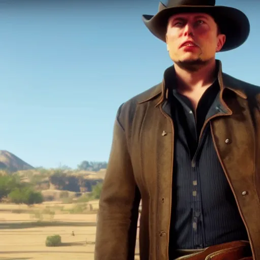 Image similar to Film still of Elon Musk, from Red Dead Redemption 2 (2018 video game)