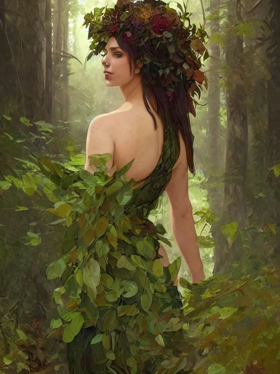 Prompt: portrait of a forest mage, female, buxom, dress made of green leaves, gorgeous, green hair, brown skin, curves, forest background, digital painting, artgerm and greg rutkowski and alphonse mucha
