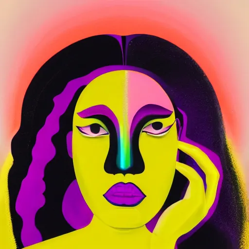 Image similar to a black woman with yellow eyes and a dark rainbow background, gouache painting by tomokazu matsuyama, by ed paschke, by agnes pelton, by patrick nagel, behance contest winner, generative art, irridescent, holography, neon, dark art, retrowave, grain, black background