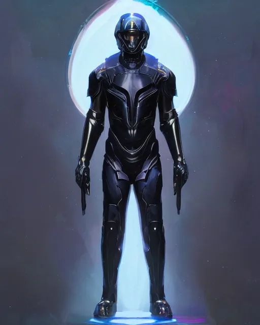 Image similar to character concept of iridescent sinewy smooth toned muscular male sleek glossy indigo black pearlescent scifi armor with continuous smooth black featureless helmet, by greg rutkowski, mark brookes, jim burns, tom bagshaw, magali villeneuve, trending on artstation