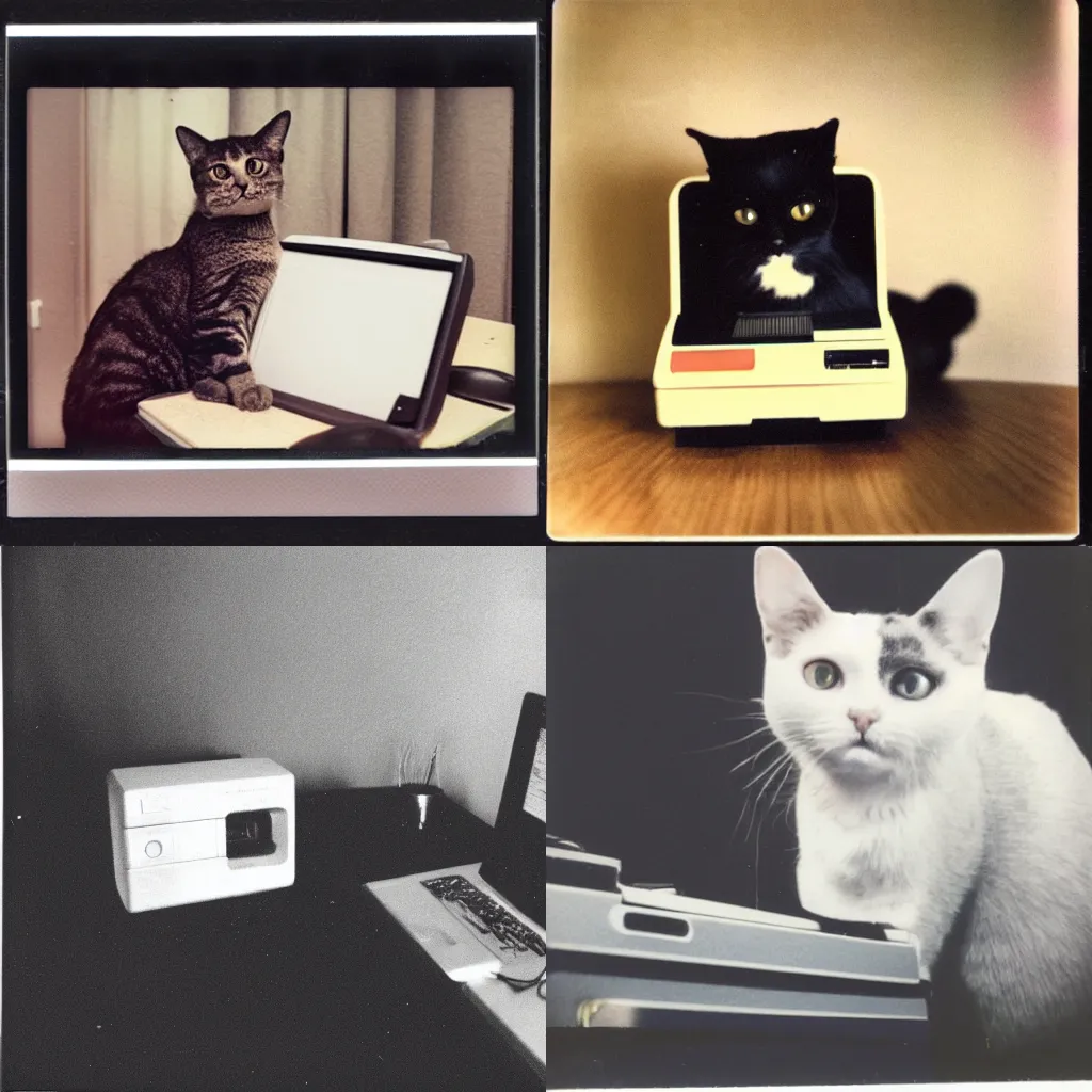 Prompt: a Polaroid photo of a cat sitting at an Macintosh computer