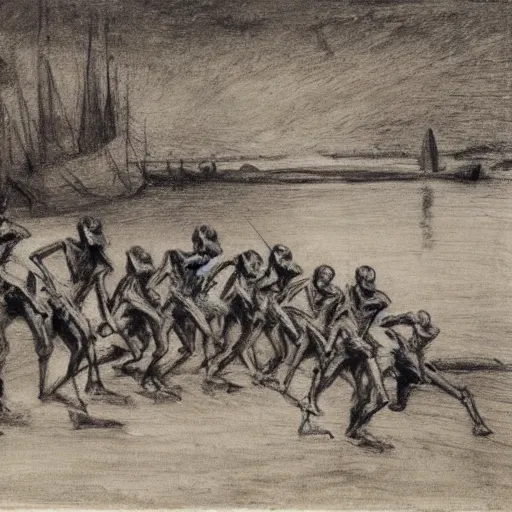 Image similar to an army of skeletons rising from a river by alfred stevens, charcoal