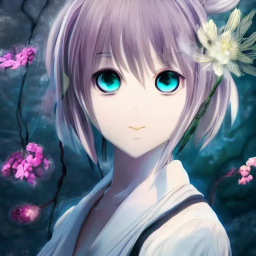 Image similar to portrait of the ghost in a flower, anime fantasy illustration by tomoyuki yamasaki, kyoto studio, madhouse, ufotable, square enix, cinematic lighting, trending on artstation