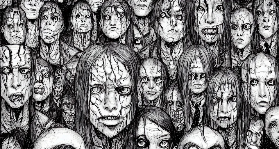 Image similar to a room with walls made from human faces, by junji ito and david lapham, hand drawn art, comic book, anime concept art, gritty, body horror, moody colors, trending on artstation, ultra high detail, focused