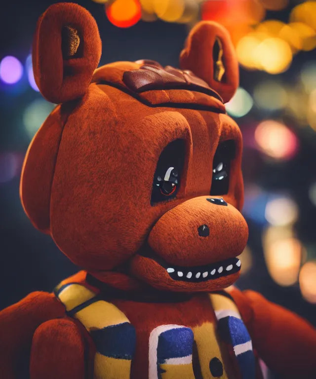 Image similar to high quality presentation photo of Freddy Fazbear, photography 4k f1.8 anamorphic bokeh 4k Canon Nikon