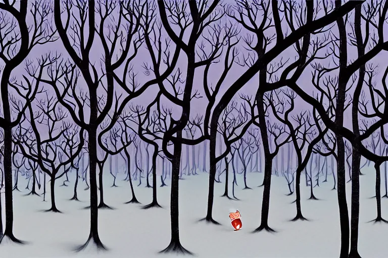 Image similar to A surreal winter forest landscape with barren trees by Chiho Aoshima and Salvador Dali