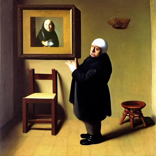 Image similar to danny devito standing next to a chair shaped like an egg, renaissance painting by vermeer