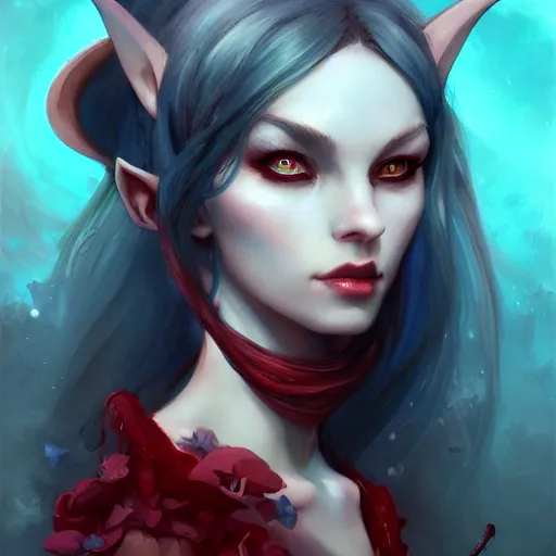 Image similar to portrait of the beautiful face of a demoness with pale skin and red eyes and long dark hair by pete mohrbacher and artgerm and wlop, digital art, highly detailed, Trending on Artstation HQ, unreal engine 5, 4K UHD image