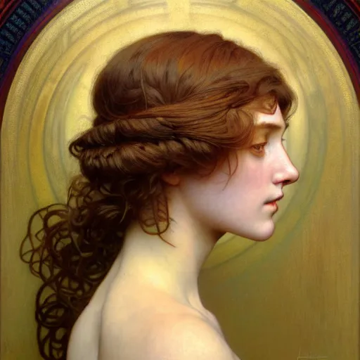 Prompt: Masterpiece head and shoulder portrait of beautiful girl, drawn by Donato Giancola and Tom Bagshaw, face by Artgerm and Edmund Leighton, Alphonse Mucha, background by James Jean and Gustav Klimt, 4k, porcelain skin, Medium shot, komorebi, french nouveau, trending on artstation, octane render, hyperrealistic