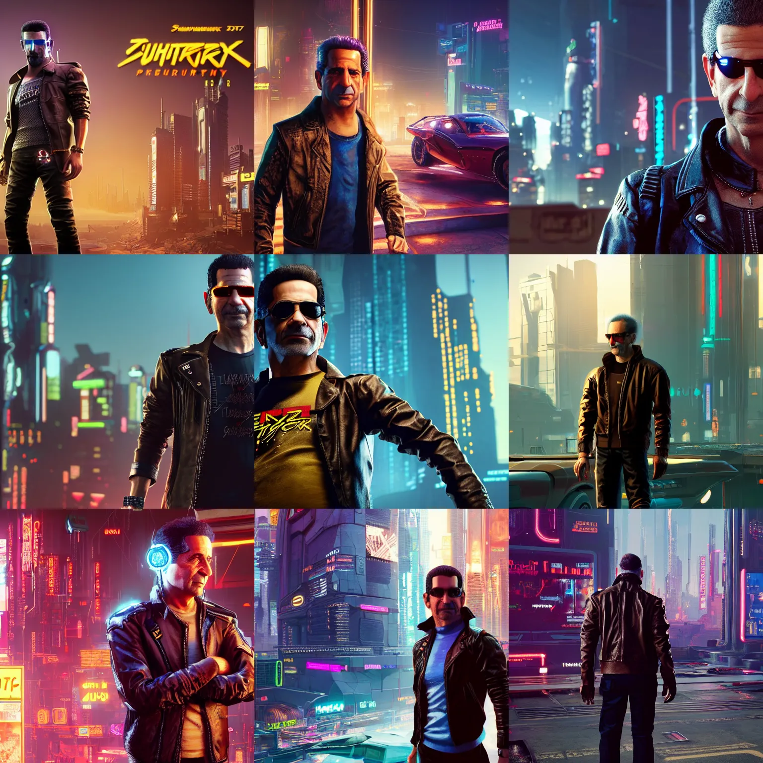 Prompt: full - frame of tony shalhoub, wearing a brown leather - jacket, as a character from cyberpunk 2 0 7 7, looking at camera, intricate, sci - fi, extremely detailed, in the background cyperpunk - 2 0 7 7 - city, concept art, artstation