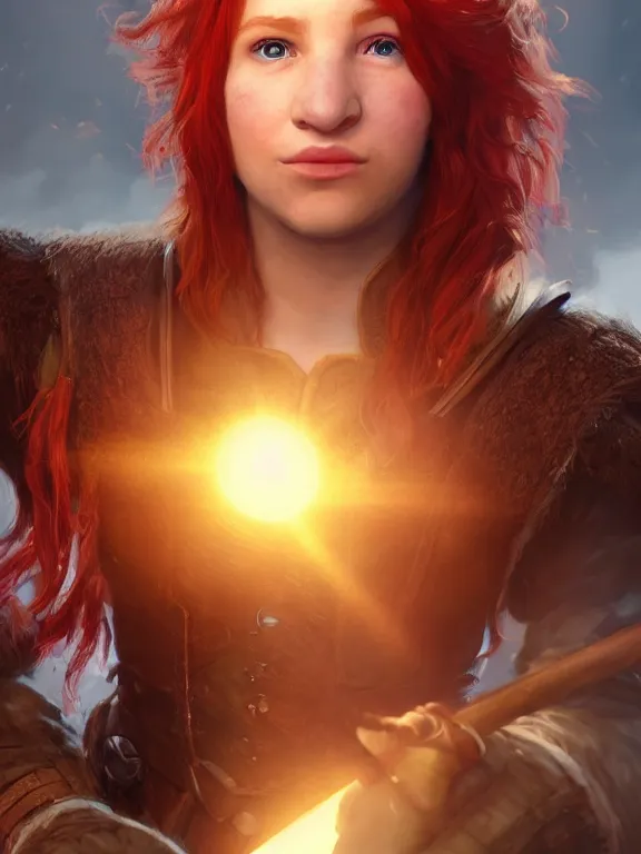 Image similar to portrait art of red - haired halfling bard 1 9 year old, 8 k ultra realistic, lens flare, atmosphere, glow, detailed, intricate, full of colour, cinematic lighting, trending on artstation, 4 k, hyperrealistic, focused, extreme details, unreal engine 5, cinematic, masterpiece