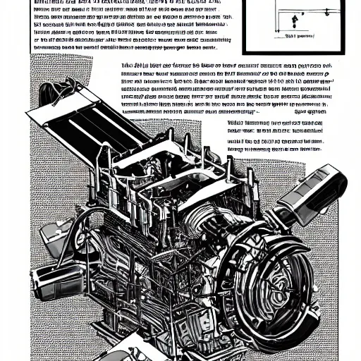 Image similar to photograph, page of a book with futuristic writing explaining how to build an engine with diagrams