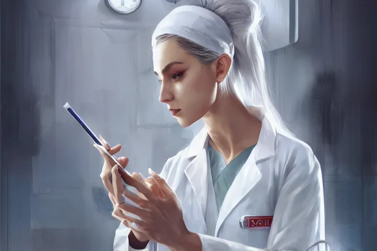 Image similar to a poster of emergency room, an elegant and beautiful female doctor in a white coat in a hospital ward, cinematic, highly detailed, digital painting, artstation, concept art, matte, sharp focus, illustration, art by artgerm and greg rutkowski