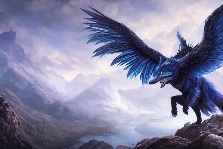 Prompt: Blue feathered wolf with wings on a beautiful fantasy landscape, hills, mountains, moonlit, HD, illustration, epic, D&D, fantasy, intricate, elegant, highly detailed, digital painting, artstation, concept art, smooth, sharp focus, illustration, art by artgerm and greg rutkowski and alphonse mucha and jin xiaodi and anthony devine and yigit korogly