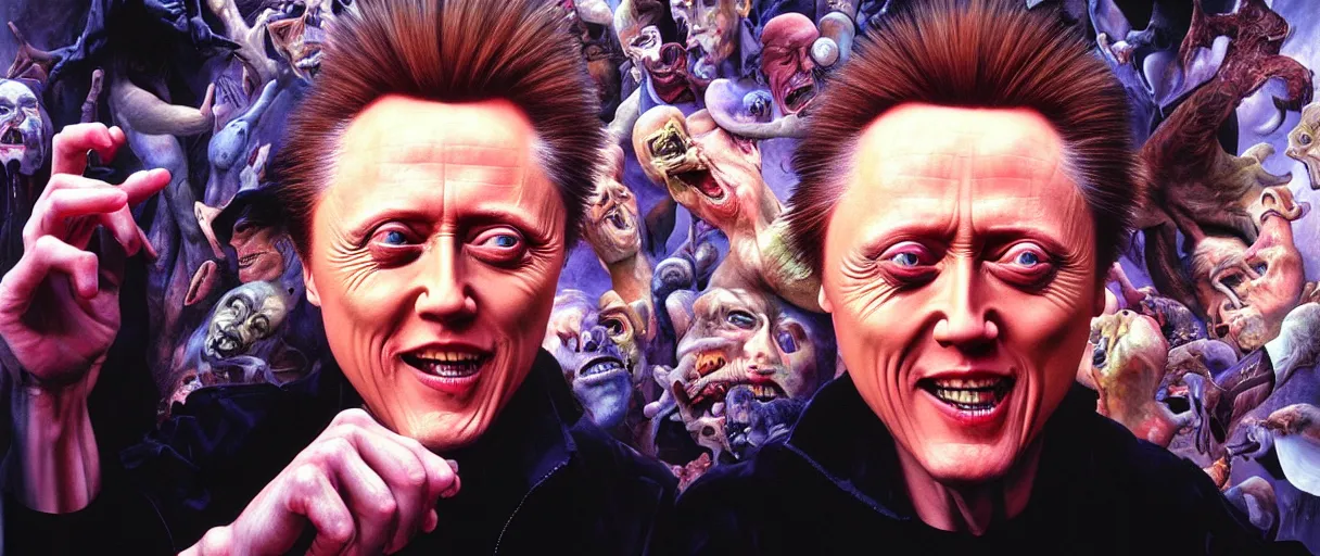 Image similar to hyperrealist painting of young christopher walken pointing and laughing at me concept art wayne barlowe hannah yata very dramatic lighting 8k wide angle shallow depth of field