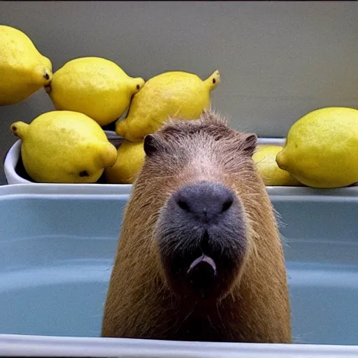 Image similar to capybara eating lemons, sitting in a tub of lemons, happy capybara