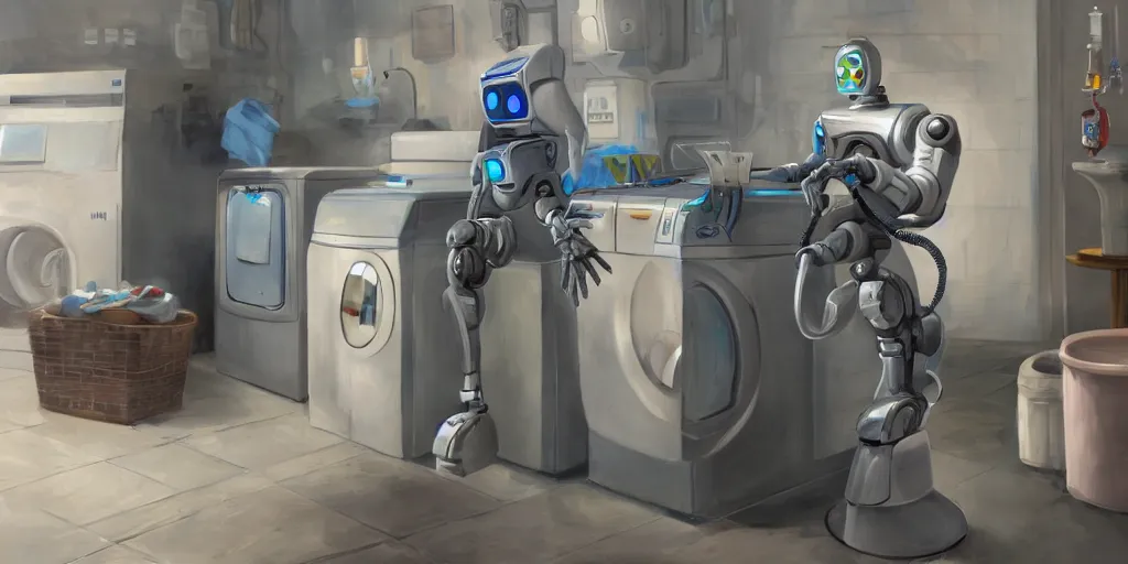 Image similar to detailed painting of a robot doing laundry, artstation