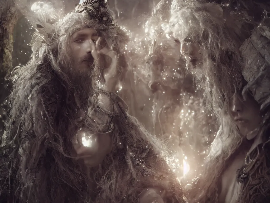 Image similar to !dream solarpunk white wolf high priest realistic, cinematic style, filmed in 70mm , divine realm of gods, angelic face, volumetric lighting, octane render, ethereal, super fine details, intricate jewelry, photographic, concept art, artist Leonardo DaVinci, unreal engine, 8k,