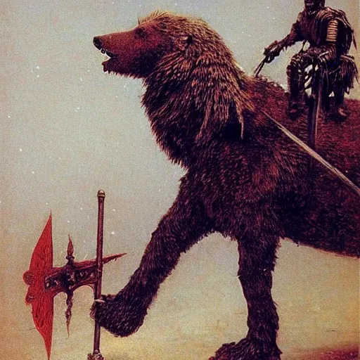 Image similar to winged hussar riding a war bear in armor, beksinski