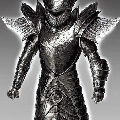Image similar to full body digital painting of ajustin bieber as a king seraphim knight, in a pearl armor magicpunk chrome body sculpted intricate armor. big medium small details, reflect 8 k uhd, unreal engine, octane render in the artstyle of finnian macmanus, john park and greg rutkowski