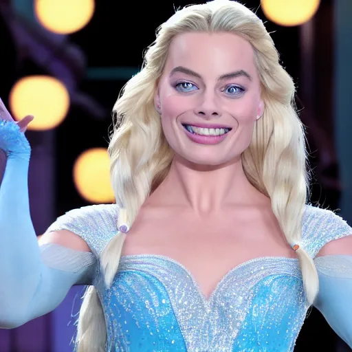 Image similar to Margot Robbie as Elsa in disney frozen live action, 8k full HD photo, cinematic lighting, anatomically correct, oscar award winning, action filled, correct eye placement,