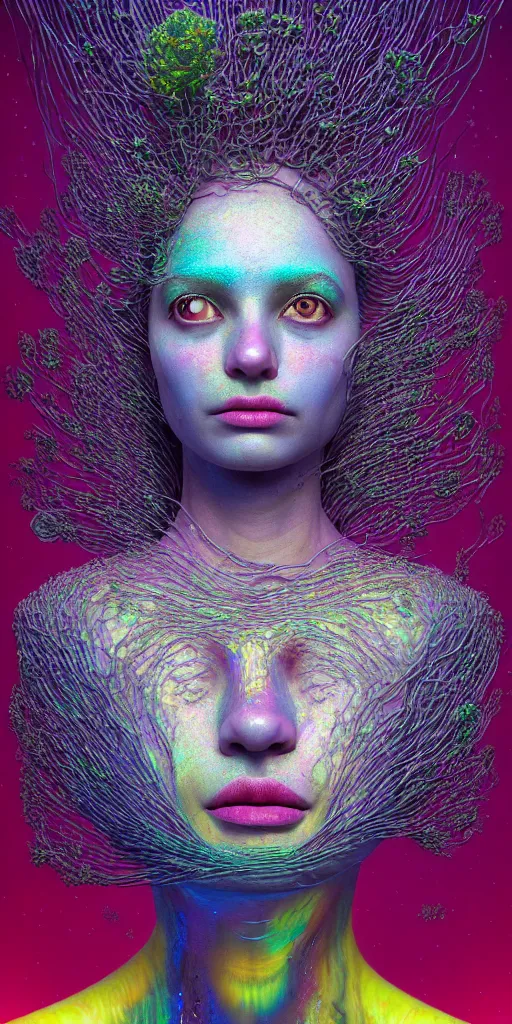 Prompt: hyper detailed 3d render like a Oil painting - portrait sculpt of Aurora (Singer) seen in mascara Lips on the Strangling network of yellowcake aerochrome and milky Fruit that covers her body and Her delicate Hands hold of gossamer polyp blossoms bring iridescent fungal flowers whose spores black the foolish stars by Jacek Yerka, Mariusz Lewandowski, Houdini algorithmic generative render, Abstract brush strokes, Masterpiece, Edward Hopper and James Gilleard, Zdzislaw Beksinski, Mark Ryden, Wolfgang Lettl, hints of Yayoi Kasuma, octane render, 8k