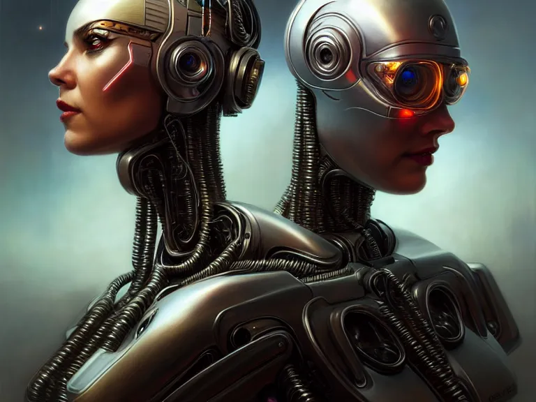 Image similar to portrait shot of a cyberpunk robot, intricate, elegant, highly detailed, centered, digital painting, artstation, concept art, smooth, sharp focus, illustration, artgerm, tomasz alen kopera, peter mohrbacher, donato giancola, joseph christian leyendecker, wlop, boris vallejo