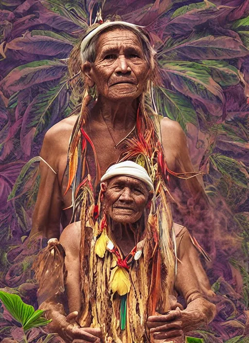 Prompt: a vision of the tobacco plant teacher spirit as an old indigenous man during an ayahuasca ceremony, surrounded by thick smoke, fractals, visionary art, matte painting, highly detailed