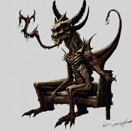 Prompt: concept art painting of a dragonlike anthropomorphic humanoid creature with a long dragon neck and horned skull mask, sitting on a throne, realistic, detailed, cel shaded, in the style of makoto shinkai and greg rutkowski and james gurney