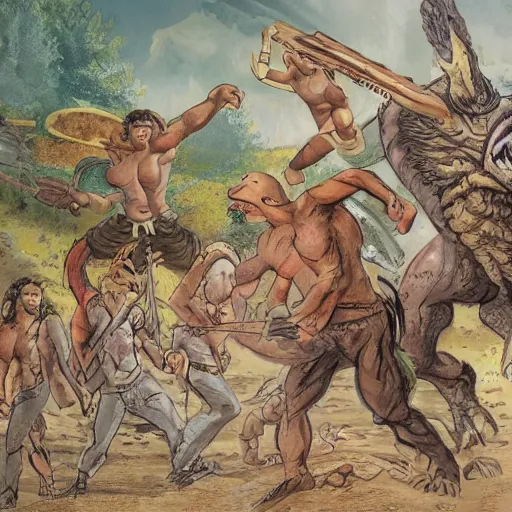 Image similar to A large dinosaur! fighting with several realistic detailed cavemen with proportioned bodies, next to the dinosaur are cavemen, the cavemen are armed with spears, the caveman are in a fighting stance, the cavemen are wearing animal furs, one caveman is stabbing the dinosaur with his spear, one caveman is cowering in fear, coarse canvas, visible brushstrokes, intricate, extremely detailed painting by William Turner (and by Greg Rutkowski)