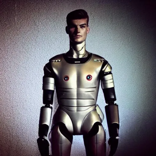 Image similar to “a realistic detailed photo of a guy who is an attractive humanoid who is half robot and half humanoid, who is a male android, Max Verstappen, shiny skin, posing like a statue, blank stare”